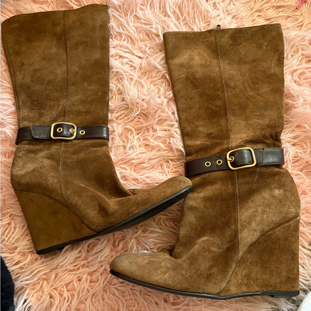 Vintage Coach Brown Wedge Suede Boots with Buckle Detail used woman size 7.5